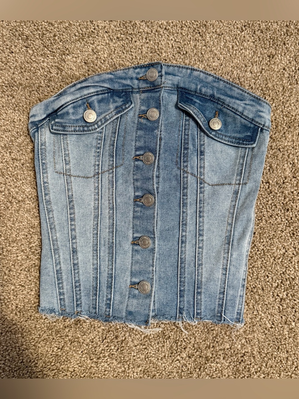 Denim Button-Front Strapless Jeans Top in Light Blue